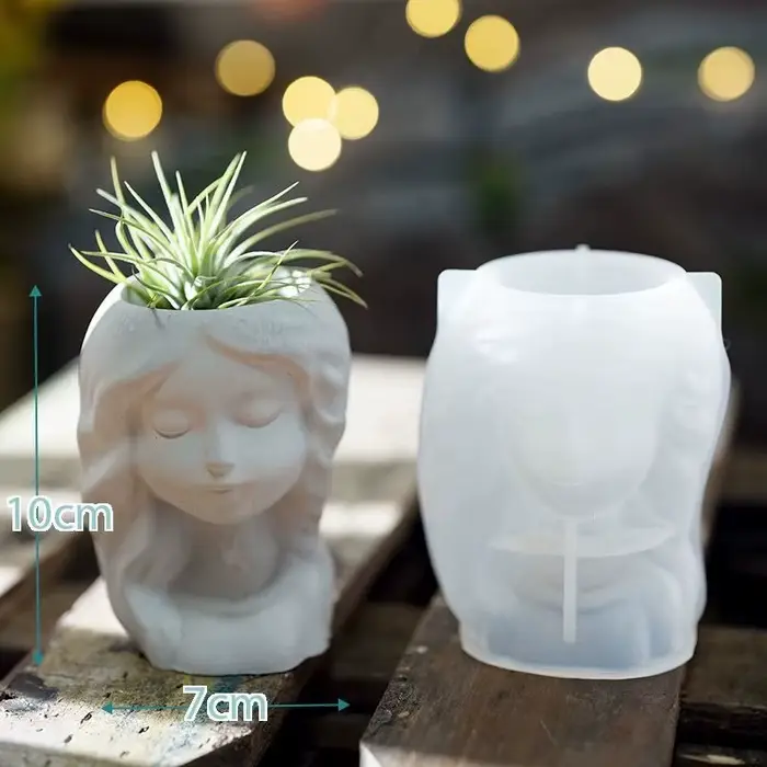Pot de fleur en forme de tête de fille, moule en Silicone, Vase en béton, plâtre fait à la main, rés