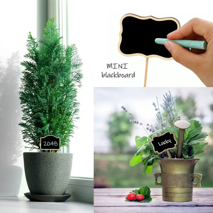 Étiquette de tableau noir en bois avec pieu, mini panneau noir, signe décoratif, plantes de jardin, 