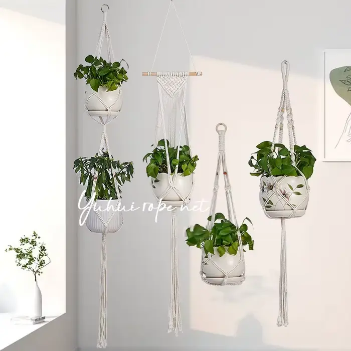 Paniers suspendus pour plantes de jardinage, Pot de fleur en macramé fait à la main, corde nouée, Po