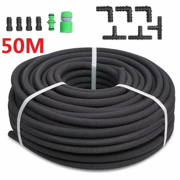 Tuyau d'Eau Perforé en Caoutchouc PE Noir de 50m, Irrégulier, Microporeux, Uniforme, Irrigation de J