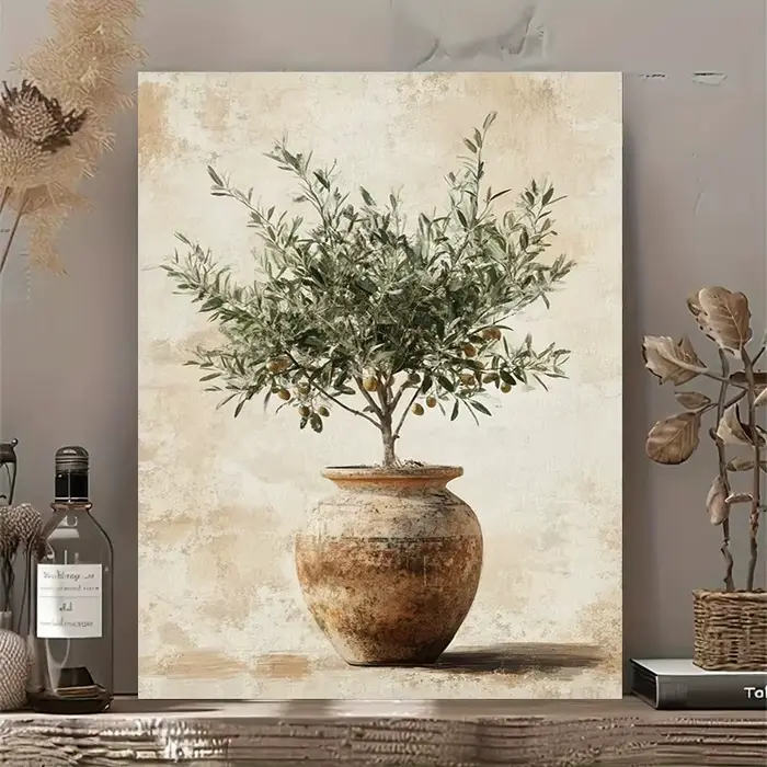Toile d'olivier chic dans un vase – Décoration murale imperméable sans cadre pour salon, chambre à c