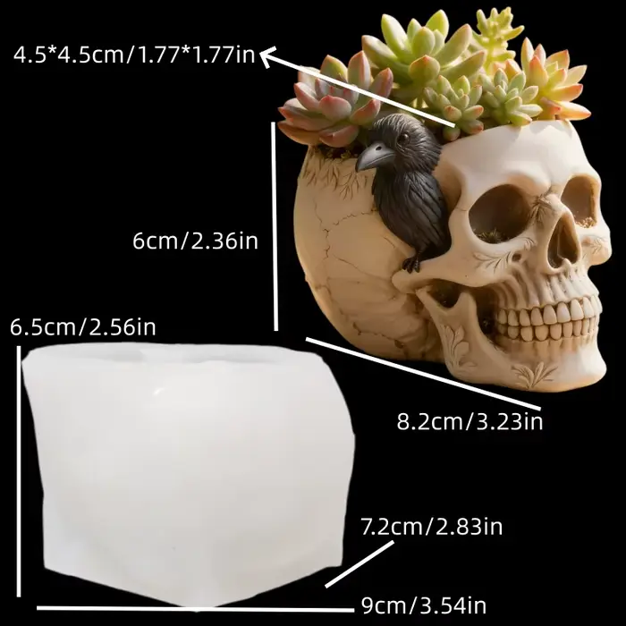 Moule en silicone pour pot de fleurs en résine, motif crâne de corbeau en relief, corbeau sur crâne,