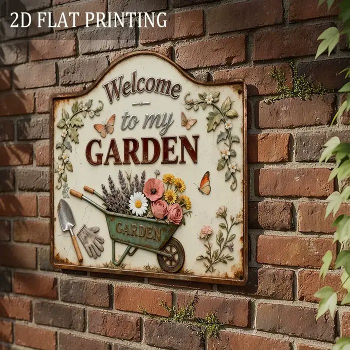 1 plaque en bois « Bienvenue dans mon jardin » – Décoration murale rustique avec motifs floraux colorés et outils de