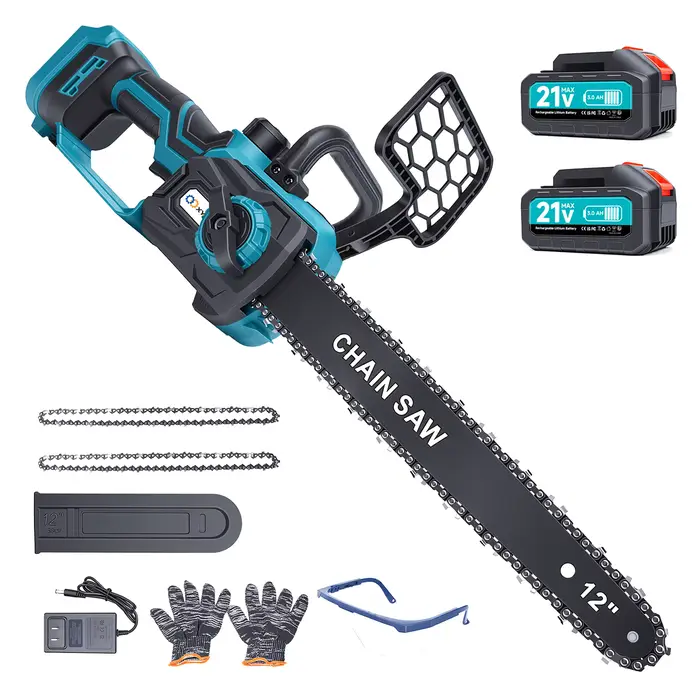 Scie à chaîne électrique sans fil XYSD 12 pouces, 21 V, 2 batteries 3000 mAh, scie à chaîne portativ