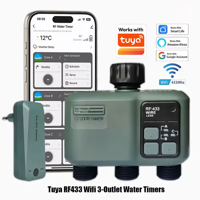 Minuterie d'arrosage de jardin intelligente Tuya Wifi + RF433, avec filtre de retard de pluie à 3 vo