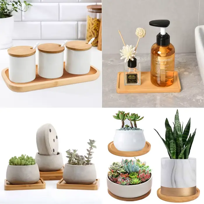 Plateau Pots de fleurs en bois de bambou, Anti-décoloration, rond, carré, support de jardinières cré