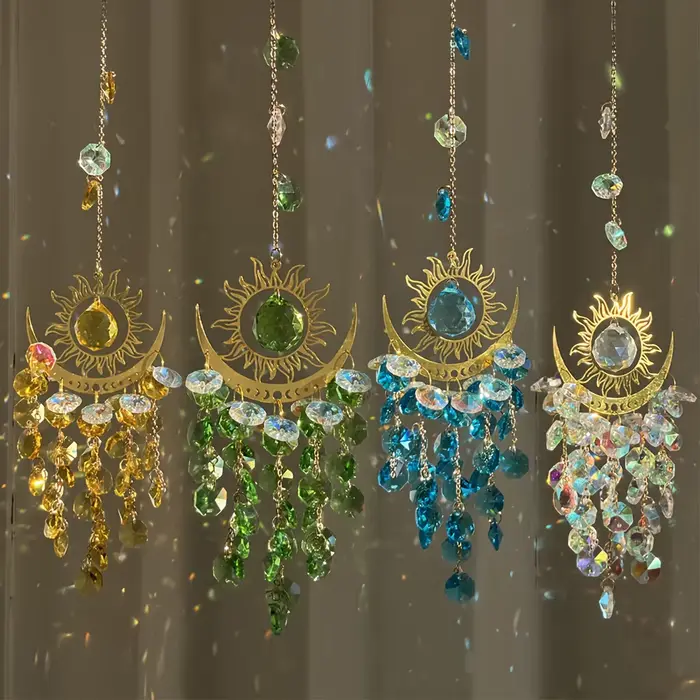 Ensemble d'ornements lumineux de jardin, 1 pièce, attrape-soleil en cristal, flamme, lune, carillon 