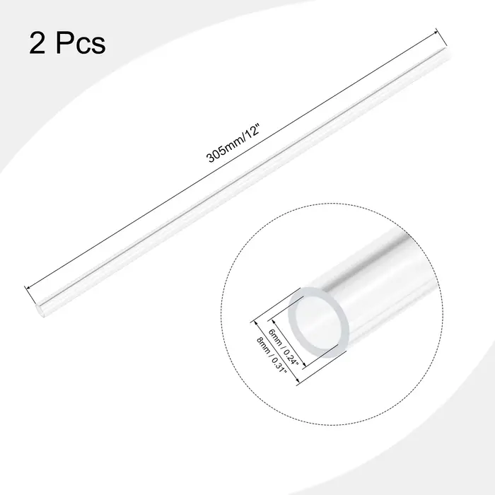 Tuyau acrylique rigide Transparent de 305mm de longueur, 2 pièces, 6mm ID x 8mm OD, tuyau d'eau Tran