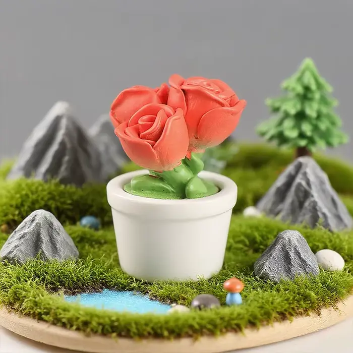 5 pièces de fleurs miniatures réalistes en résine (rose et tulipe) en pot, comme une petite décorati