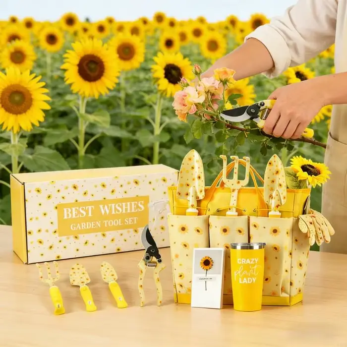 Dernier coffret cadeau jardinage mettant en valeur belle finition du plan floral avec des appareils