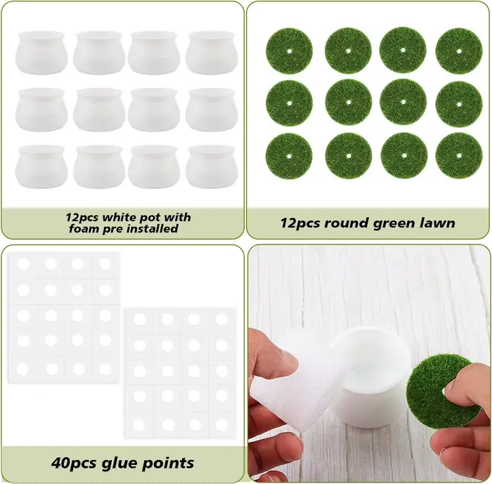 Lot de 12 petits pots blancs de 2 pouces en plastique avec mousse et gazon artificiel pour fleurs au crochet