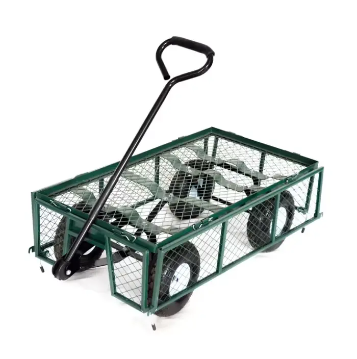 Chariot de jardin robuste à 4 roues avec panier en maille, chariot utilitaire de jardin, chariot à m