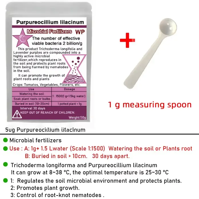 Purpureocillium lilasine champignons du sol microscopique biofertilisateur engrais microbien contrôle des Nematodes au nœud radiculaire 50g