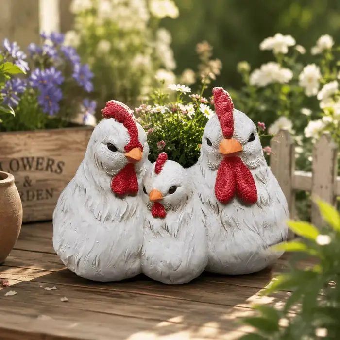 Décoration de jardin en résine : Famille de poulets amusants