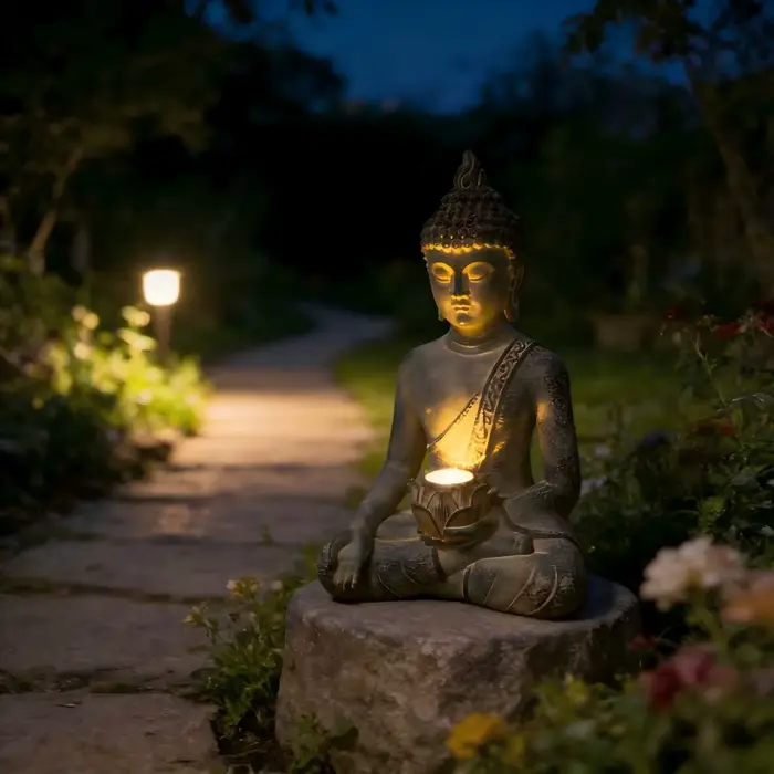 Statue de bouddha avec lumière solaire, décoration de jardin de maison, Figurines de bouddha assis e