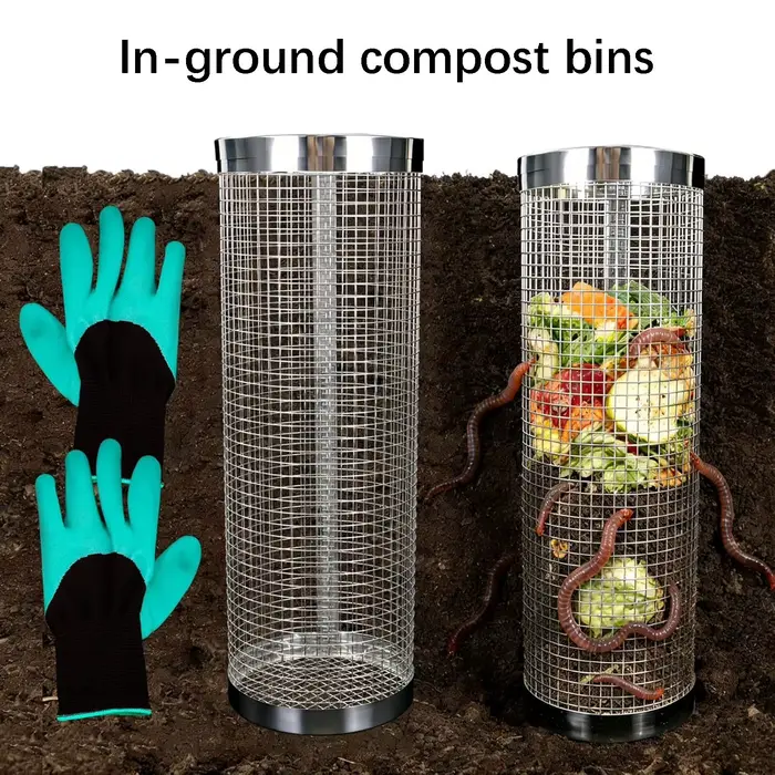 Lot de 2 bacs à compost pour jardin, composter encastrable pour vers de terre avec gants, bac à compost extérieur pour le recyclage des déchets alimentaires de cuisine