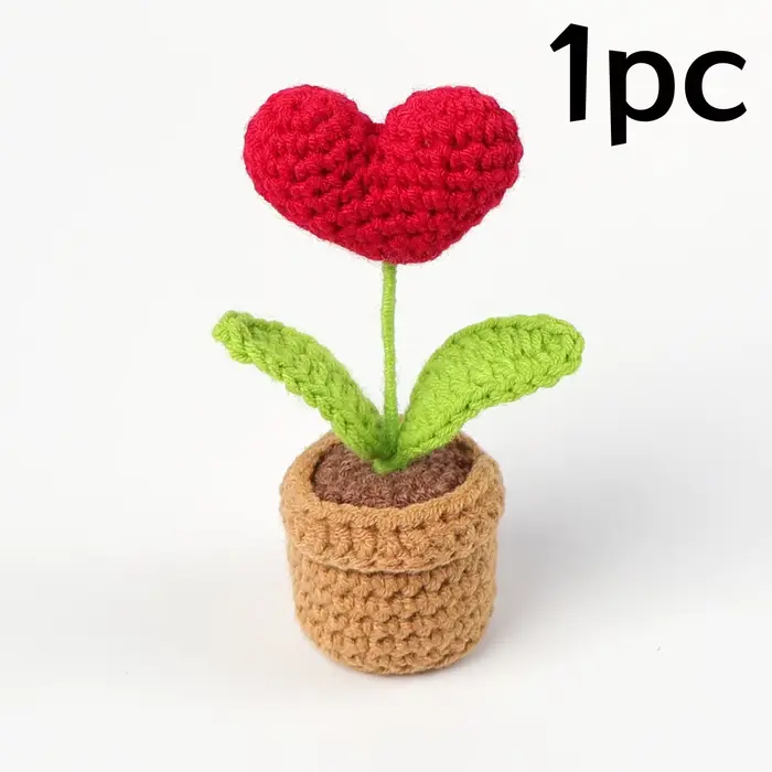 Pot de fleurs tricoté à la main en forme de cœur rouge, plante en pot d'imitation, cadeau pour la sa