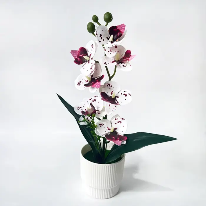 Pot de fleurs artificielles à 7 têtes d'orchidées, avec pot blanc, fleurs roses simulées, orchidée p