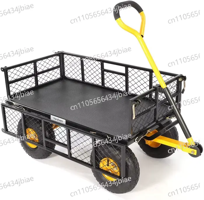 Chariot de jardin robuste à 4 roues en acier de qualité supérieure pour extérieur, avec panier en ma