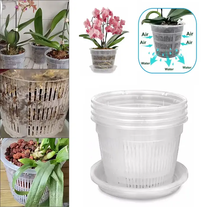Pots de pépinière transparents, Pot de plantation de jardin, Pot d'orchidée avec soucoupes, Pot en p