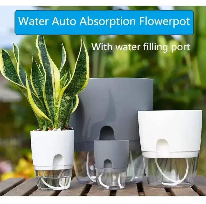 Pot de fleur en plastique Transparent Double couche, Pot de fleurs auto-arrosage, corde en coton, pe