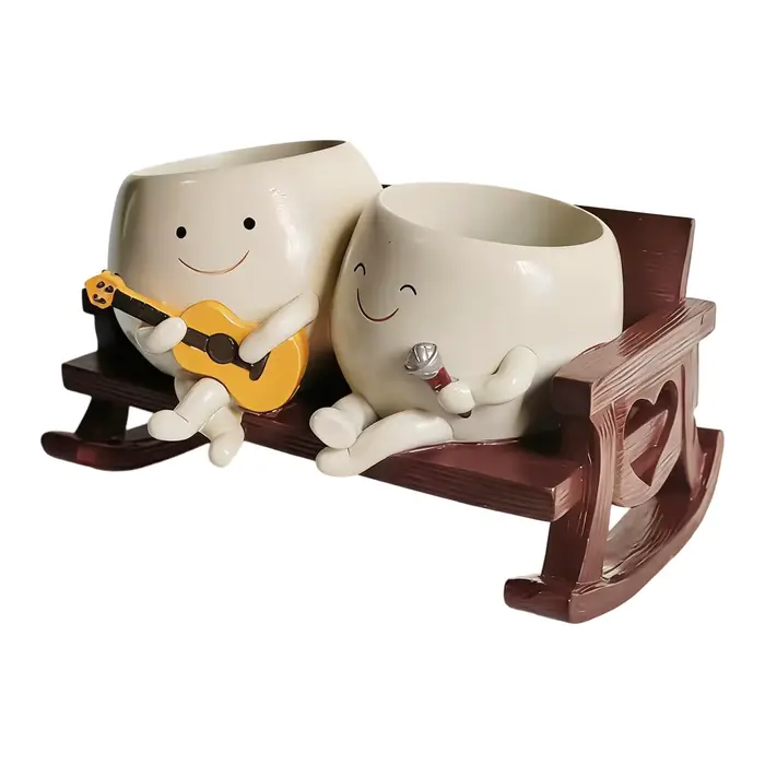 Pot de fleurs en résine en forme de cœur, motif visage souriant avec chaise à bascule, guitare et mi