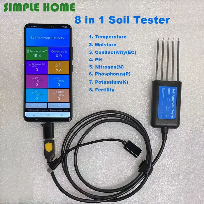 Testeur de sol de haute qualité PH EC mètre 8 en 1 avec 5 broches mesure température humidité NPK dé