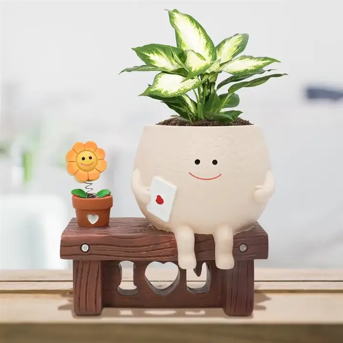 Pot de jardinière Smileyface mignon B97A, Pot de fleur de tournesol assis, jardinière de tête en rés