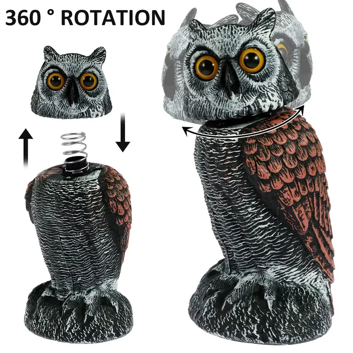 Dispositifs de contrôle des oiseaux Owl Spare avec 360 °   Tête pivotante imperméable, faux hibou, é