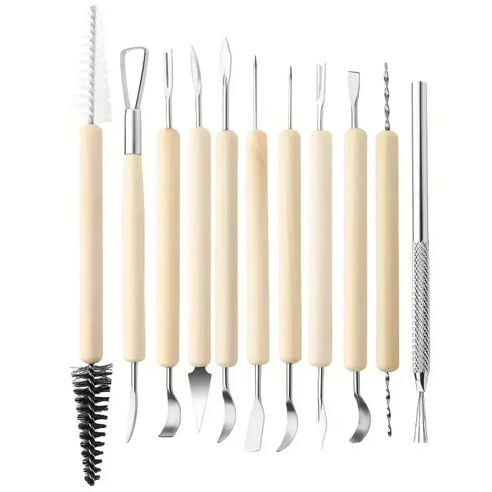Outils en argile Double face 11 pièces-ensemble de sculpture avec manche en bois pour poterie et arg