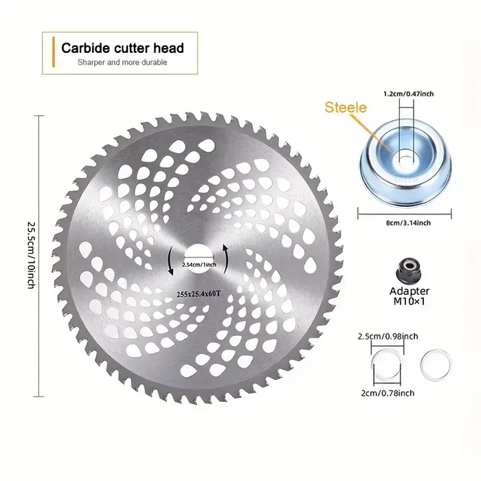 1 lame circulaire de coupe d'herbe de 10 pouces à 60 dents avec 4 accessoires, tête de lame trempée 