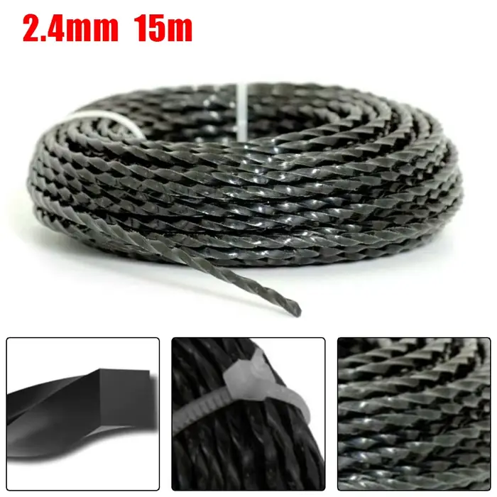 Cordon métallique robuste pour tondeuses de jardin, ligne de coupe de 2,4 mm de diamètre, 15 mètres 