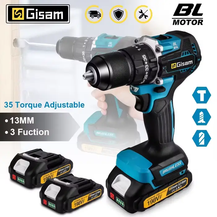 Perceuse à percussion électrique sans fil Gisam 13 mm 35+3 Torque Brushless, visseuse électrique, ou