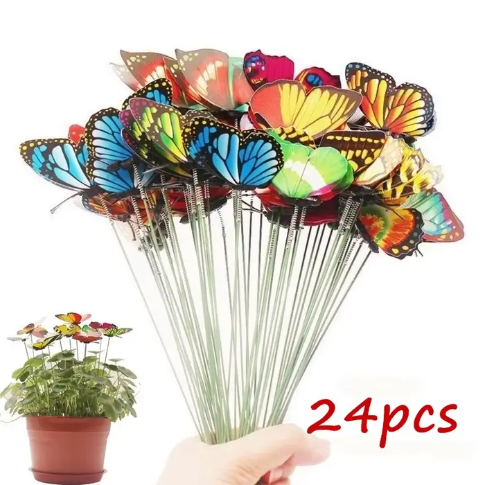Bouquet de papillons, jardinière de jardin, piquets colorés fantaisistes, décoration extérieure, Pot
