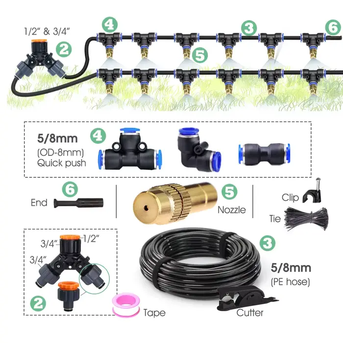 Kit d'atomiseur à buse en laiton réglable pour jardin extérieur 30-5M, tuyau de 5/8mm, nébulisation,