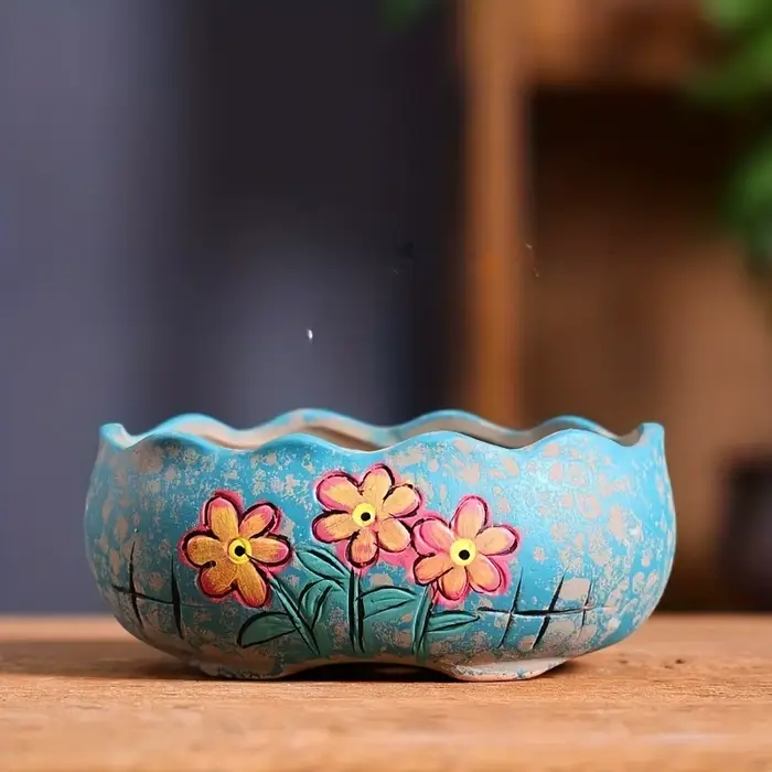 Ensemble de pots à succulentes en céramique peints à la main, style vintage, grand pot ovale pour la