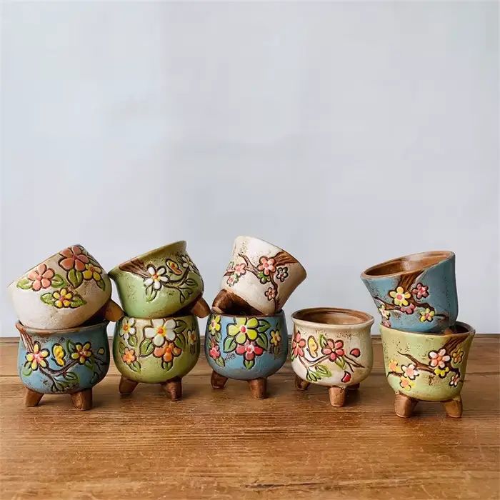 Pot de fleur charnu en céramique peint à la main, pot à pouce frais, poterie grossière, pot perméabl