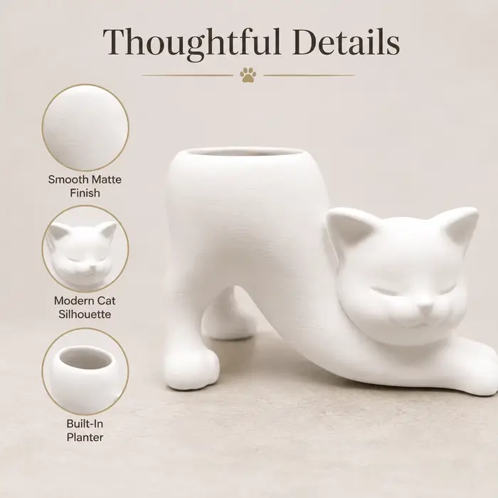 Un pot de fleurs en forme de chat, décontracté et adorable, idéal pour la pose et la décoration dans