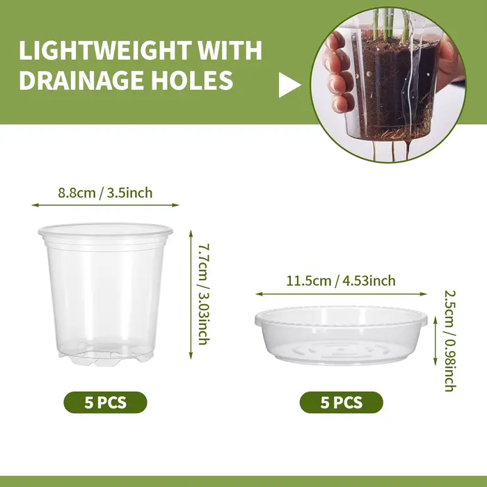 Lot de 5 pots de fleurs transparents en plastique avec soucoupes, pour plantes d'intérieur, orchidée
