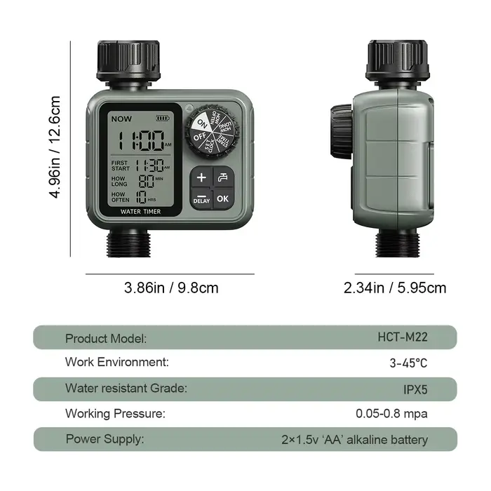 Programmateur d'arrosage HCT-M22 Eshico avec bouton rotatif, grand écran LCD, temps d'irrigation pré