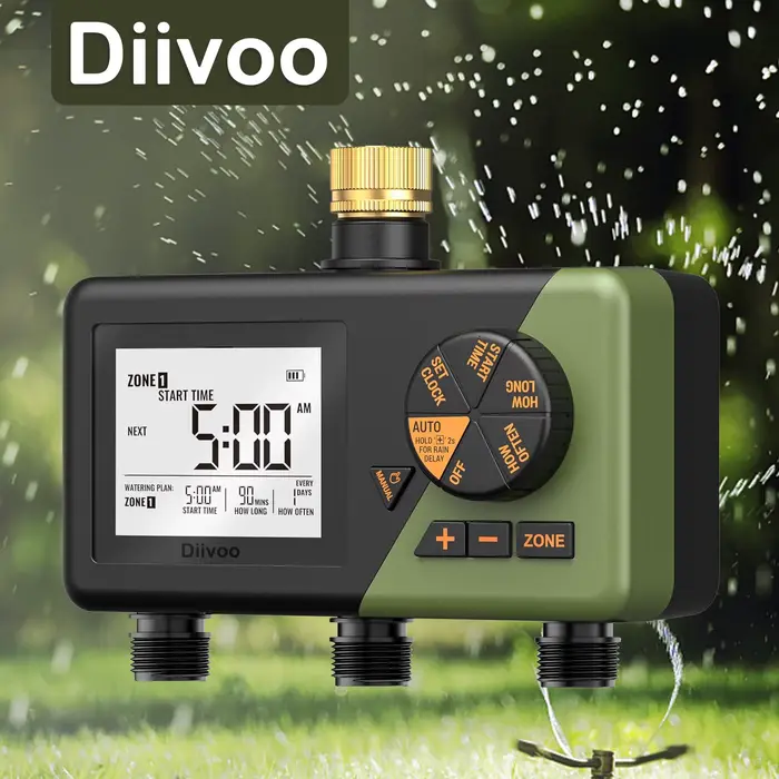 Programmateur d'arrosage automatique Diivoo Garden à 3 zones avec entrées en laiton, fonction de rep
