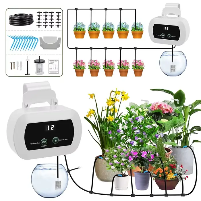 Kit d'irrigation goutte à goutte pour plantes en pot, Irrigation solaire à monter soi-même, système 