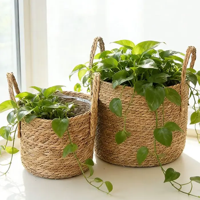 Panier de jardinage en paille et rotin, pot de fleurs ventilé, pour jardin et cour, décoration au ch