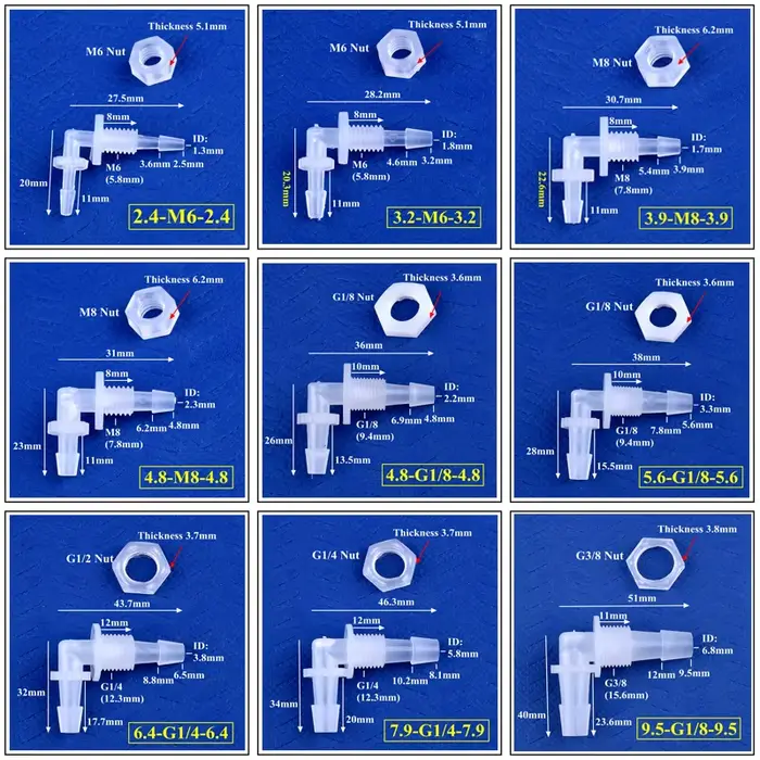 Connecteurs coudés pagode PP M6 ~ G1/2 à 2.4-11.1mm, 5 à 200 pièces, Joints de tuyau de pompe à Air