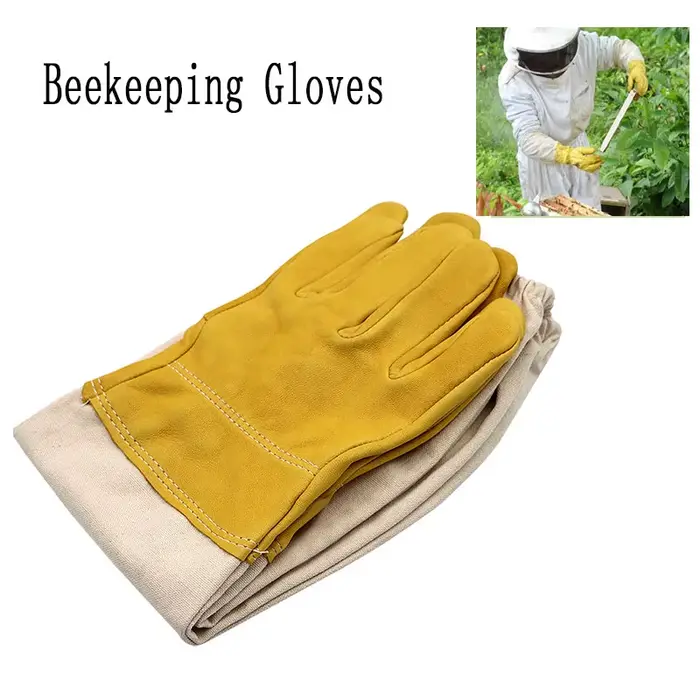 Gants d'apiculture avec manches de protection, maille jaune respirante, peau de mouton blanche et ti