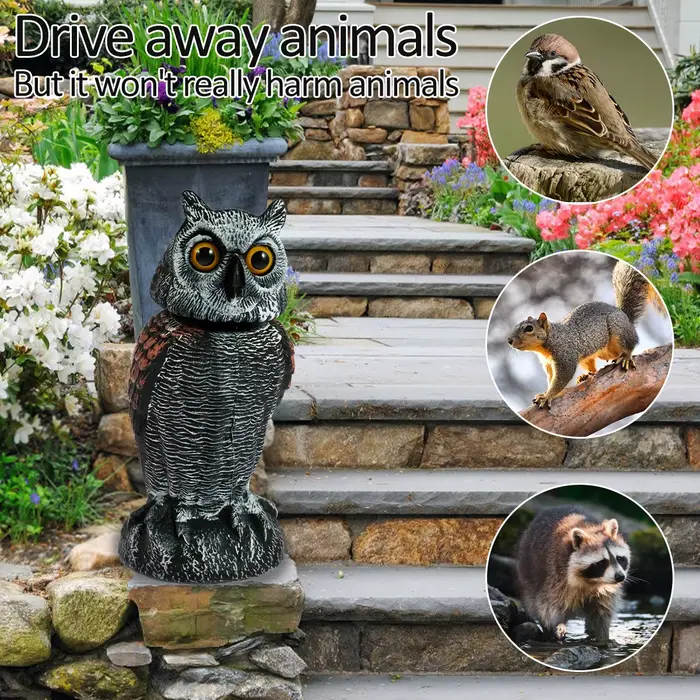 Leurre de hibou effrayant, faux hibou, dispositifs de contrôle des oiseaux avec tête rotative et lum