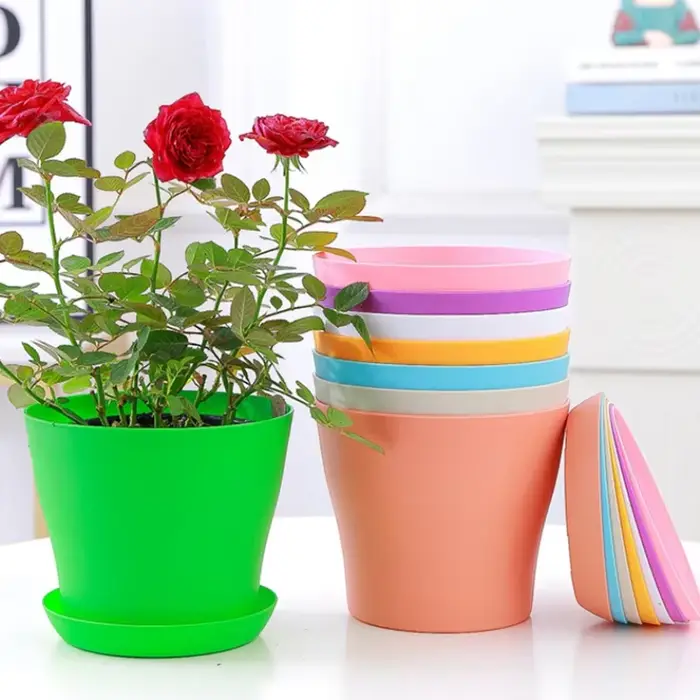 5 tailles de pots à fleurs en plastique ronds pour plantes succulentes avec plateau