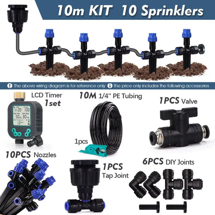 Système d'irrigation de jardin 1/4 pouces, capteur de pluie, minuterie LCD, goutteurs d'arrosage rég