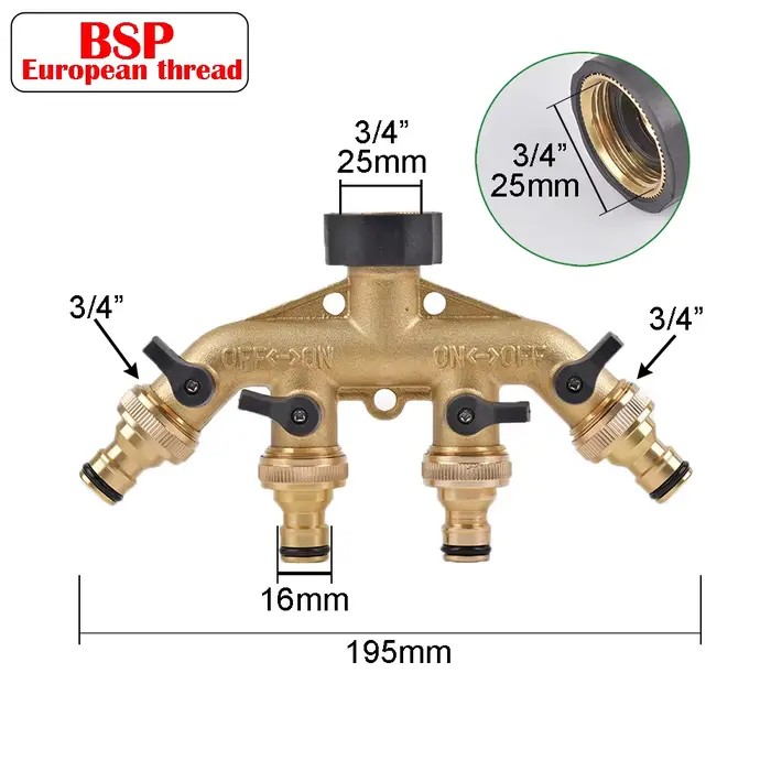Déviateur de tuyau d'arrosage à 4 voies en laiton, filetage femelle 3/4 ", connecteur de robinet de 