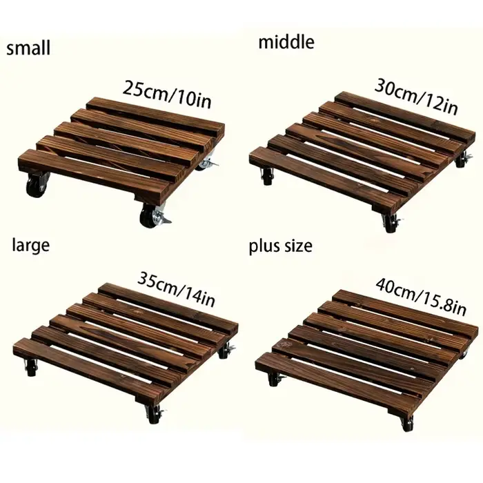 Plateau carré en bois pour pot de fleurs avec roulettes lisses